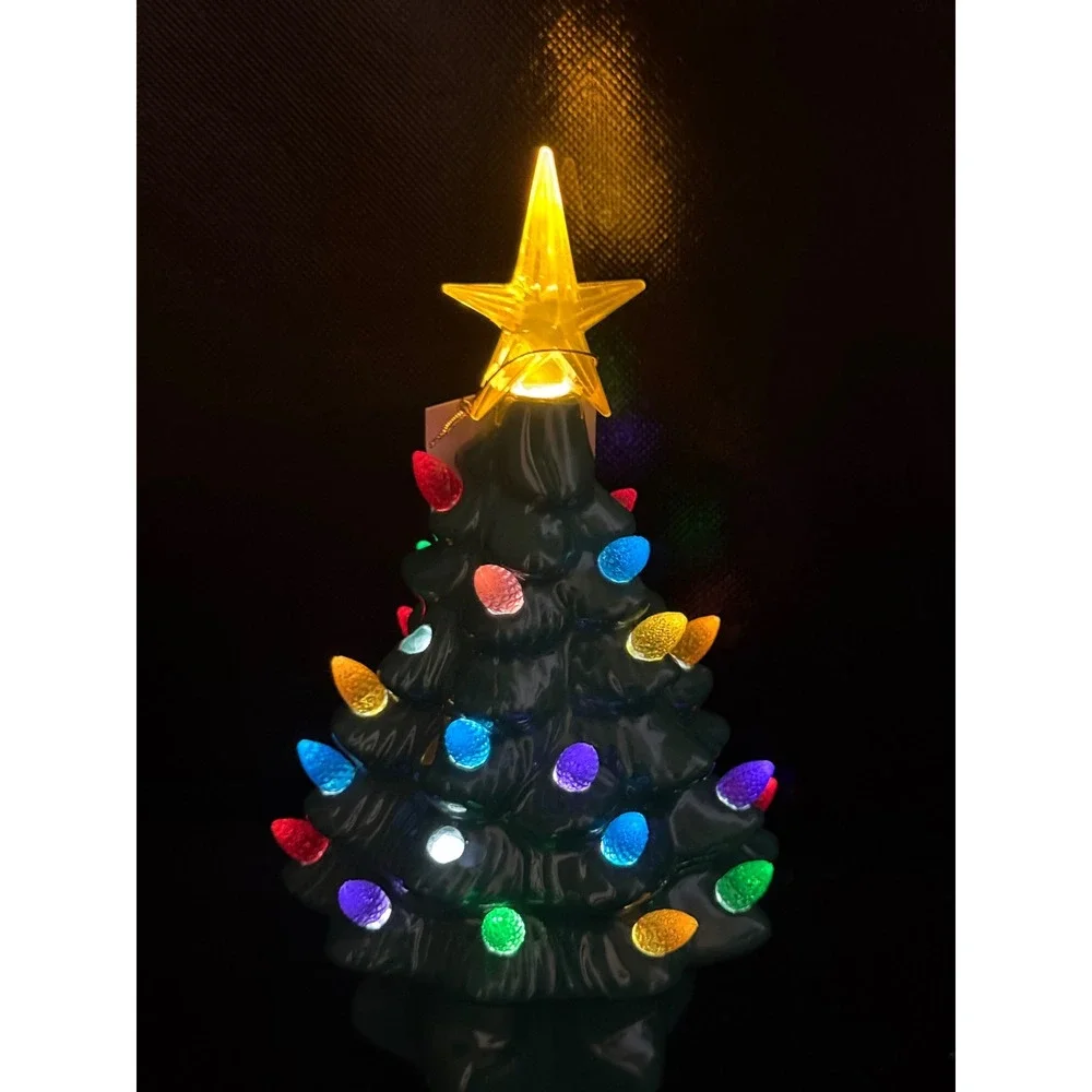 Vintage Style Ceramic Mini Christmas Tree Green Tabletop Light Up Decor 7.5in